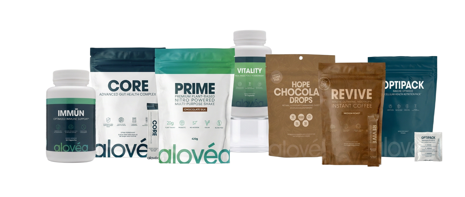 Alovéa Produktlinie: IMMŪN, CORE, PRIME, VITALITY, HOPE Chocolate Drops, REVIVE, OPTIPACK
